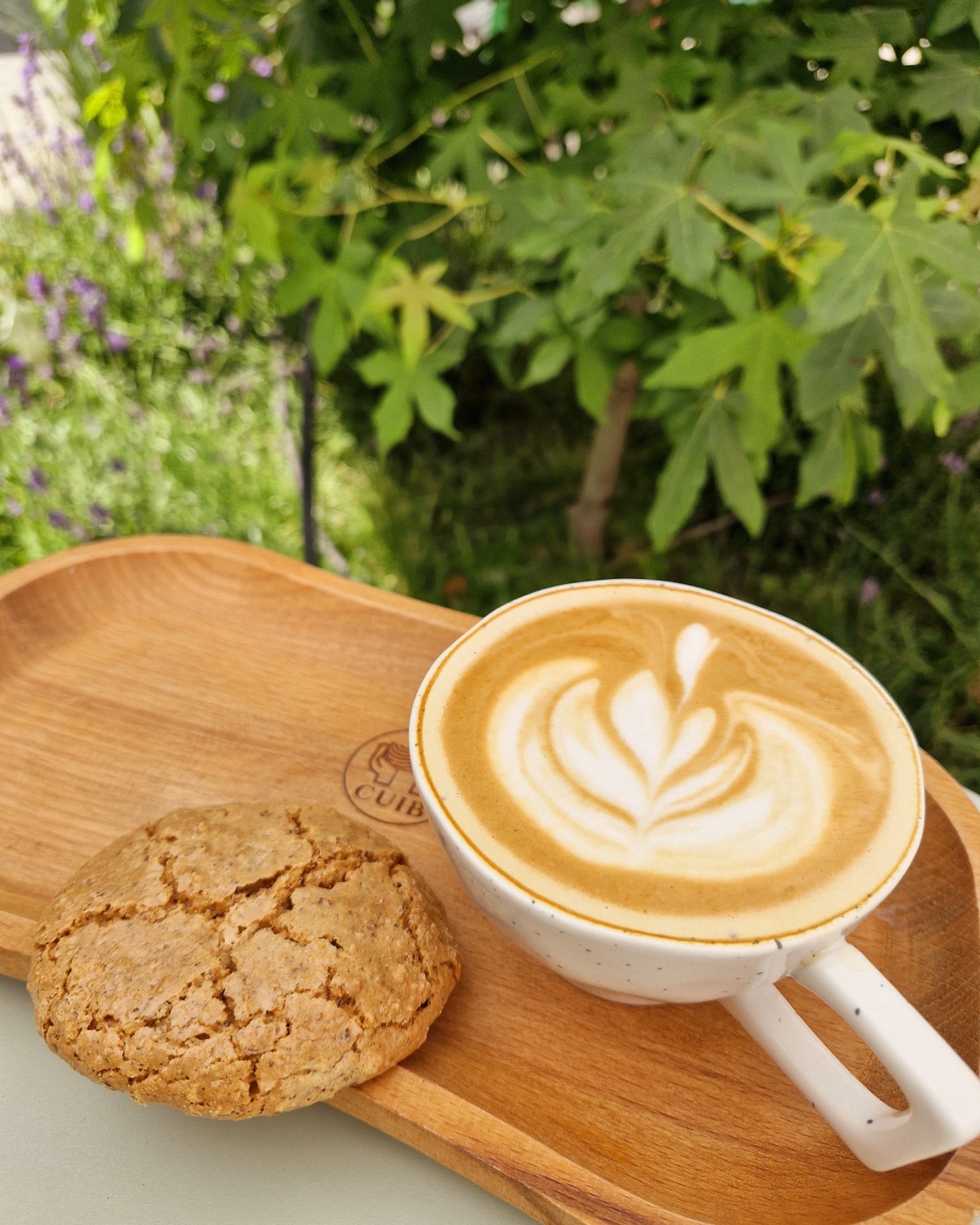 Cană de cafea cu latte art și un cookie pe tava de lemn Cuib, afară, cu verdeață și lavandă în spate